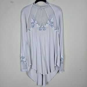 Free People Womens Saheli Embroidered Top Size Small Blue Mesh Peasant Coquette